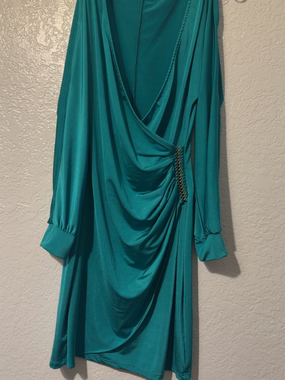 Teal Draped Long-Sleeve Women's Dress